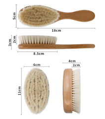 Set of four natural bristle brushes with wooden handles, shown with measurements