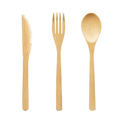 Set of bamboo cutlery including a knife, fork, and spoon