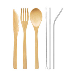 Set of bamboo cutlery including a knife, fork, spoon, and two straws
