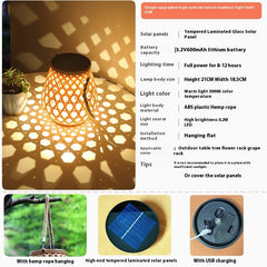 Solar lamp with USB charging feature, showing product details and usage scenarios.