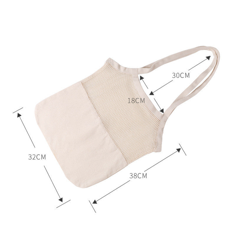 Beige tote bag with dimensions marked on a white background