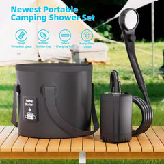 Portable camping shower set with folding bucket, pump, and shower head