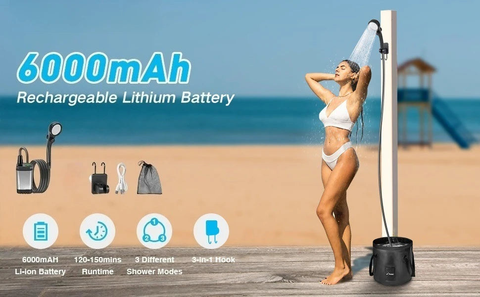Woman using a portable shower on a beach with product features displayed.