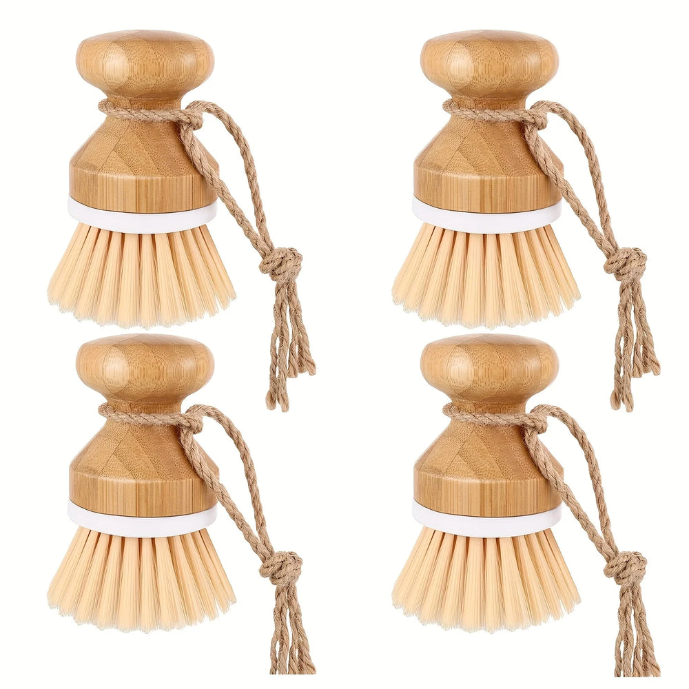 Four wooden dish brushes with bristle heads and rope handles