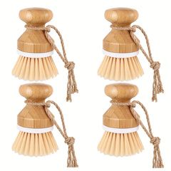 Four wooden dish brushes with bristle heads and rope handles