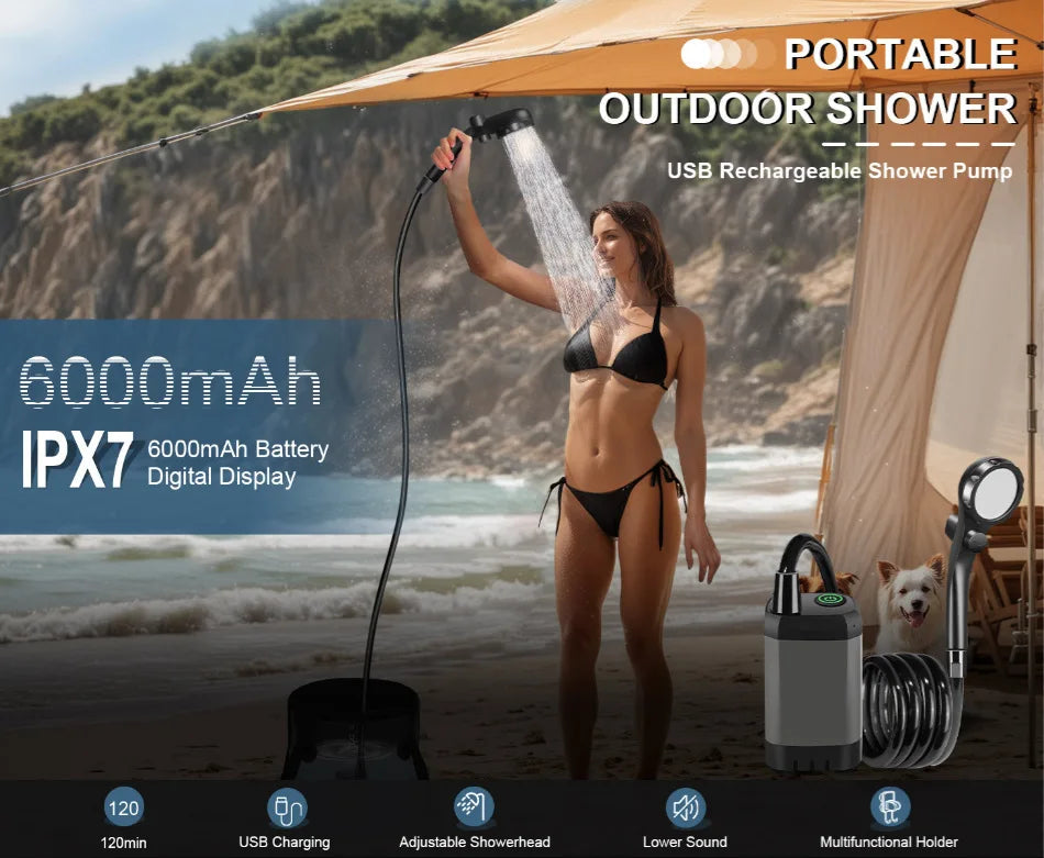 Portable outdoor shower with woman using it by the beach, featuring USB rechargeable pump and 6000mAh battery.