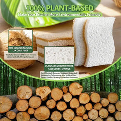 Plant-based cleaning products including a coconut fiber block and white cellulose sponge on a wooden surface with bamboo background.