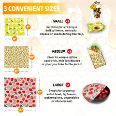 Product packaging with lemon, avocado, and strawberry designs, featuring sizes small, medium, and large.