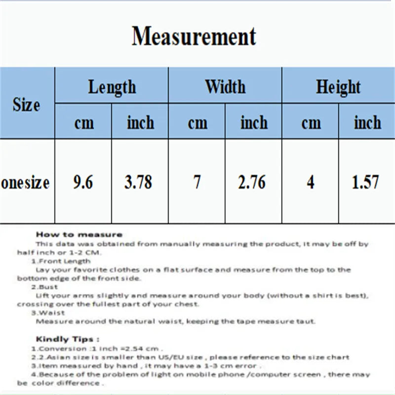 Measurement chart for a product with size, length, width, and height dimensions in centimeters and inches.