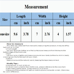Measurement chart for a product with size, length, width, and height dimensions in centimeters and inches.