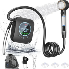 Black handheld shower head with digital temperature display, hose, and accessories