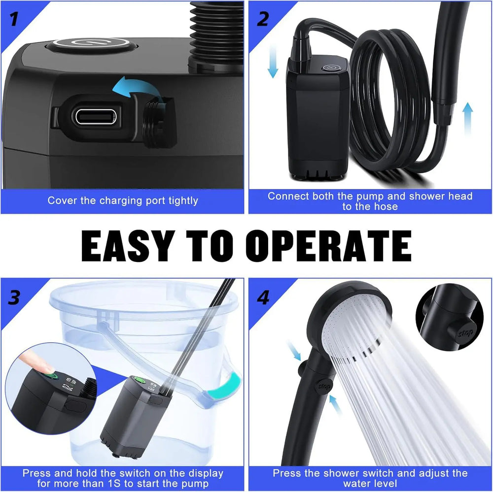 Step-by-step guide on how to operate a black shower pump with charging port, hose connection, and shower head usage.