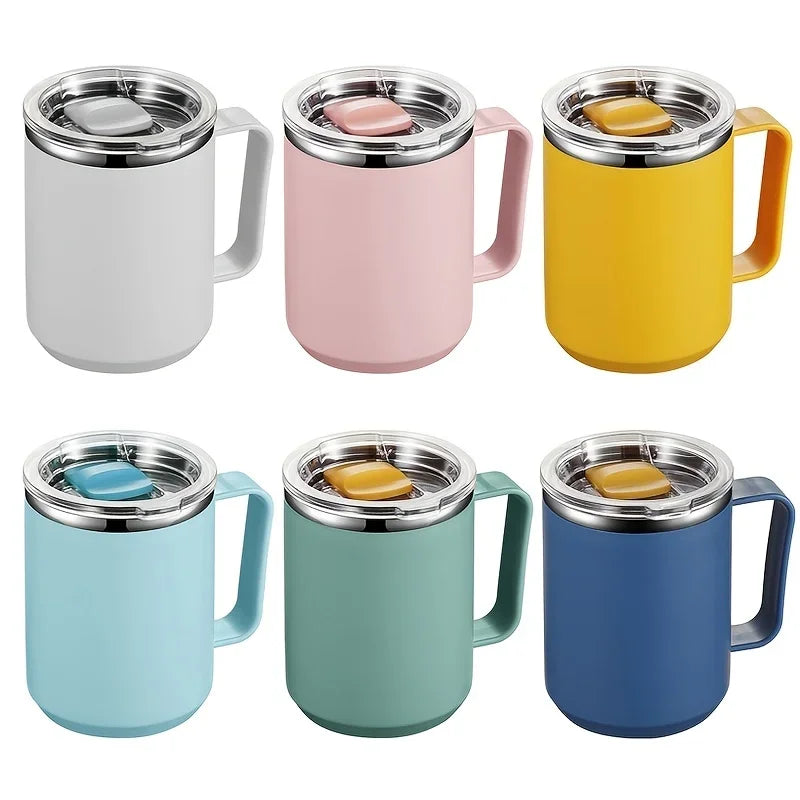 Set of six colorful Insulated Coffee Mug with lids on a white background