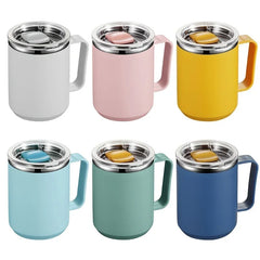Set of six colorful Insulated Coffee Mug with lids on a white background