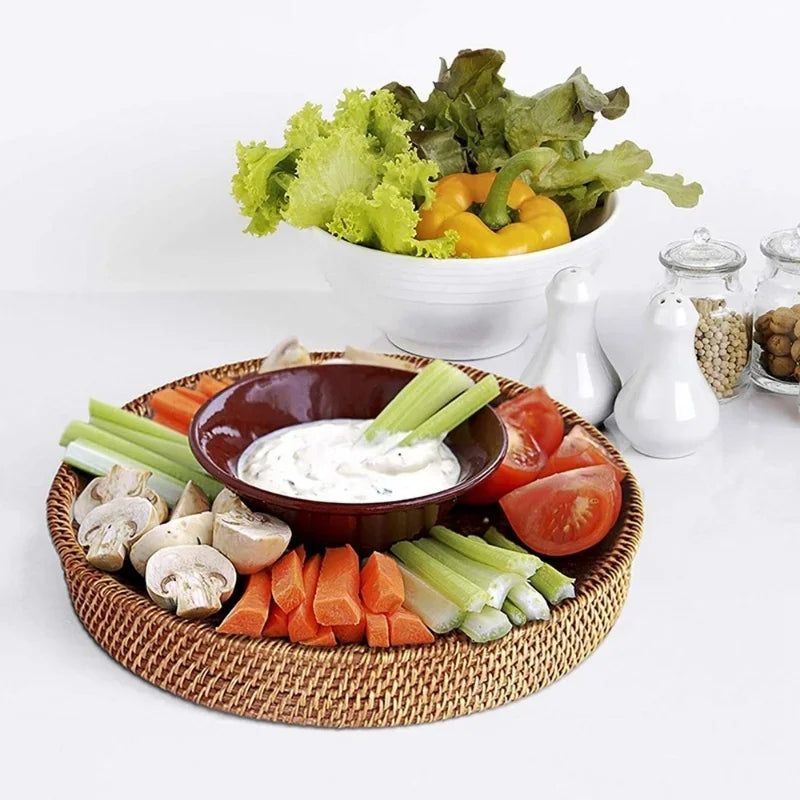 Platter of fresh vegetables on Handwoven Rattan Storage Basket