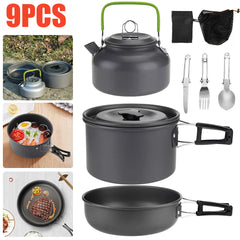 Collage of camping cookware set with pots, pans, and utensils