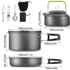 Camping cookware set with dimensions displayed