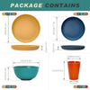 Unbreakable Wheat Straw Dinnerware Set colored plates, bowls, and cups and their dimensions.