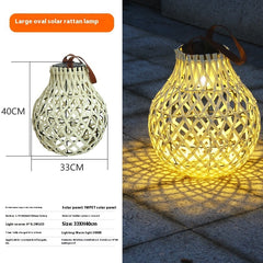 Woven solar lamp with dimensions and light output details