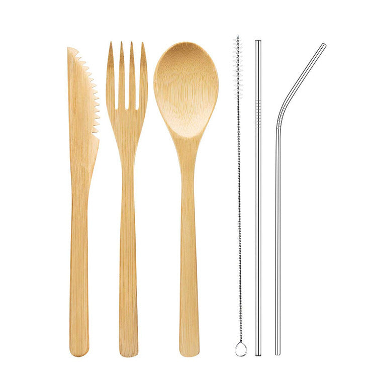 Set of bamboo cutlery including a knife, fork, spoon, and two straws 