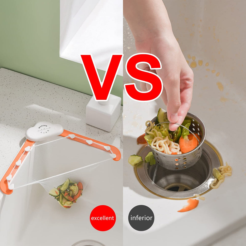 Comparison of a kitchen sink strainer with vegetables and a food catcher on a sink.