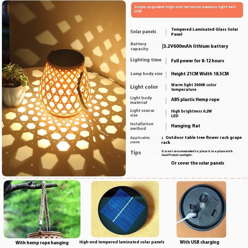 Solar lamp with USB charging feature, showing product details and usage scenarios.