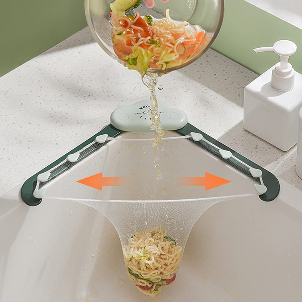 Collapsible strainer being used to drain noodles from a bowl over a sink.