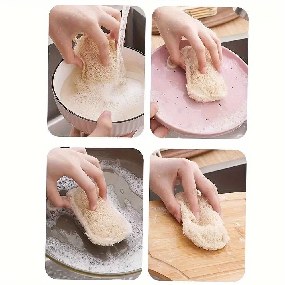 Four-step process of using Natural Luffa Dish Scrubber