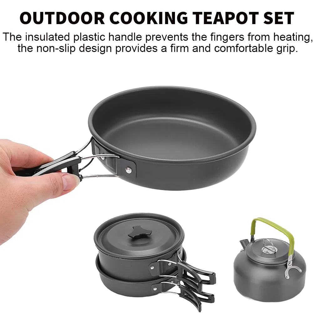 Outdoor cooking teapot set with insulated plastic handle and non-slip design