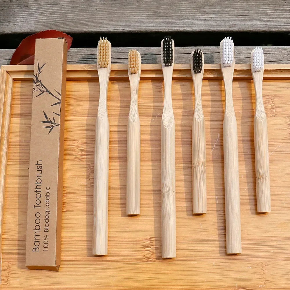 Set of bamboo toothbrushes with different bristle colors