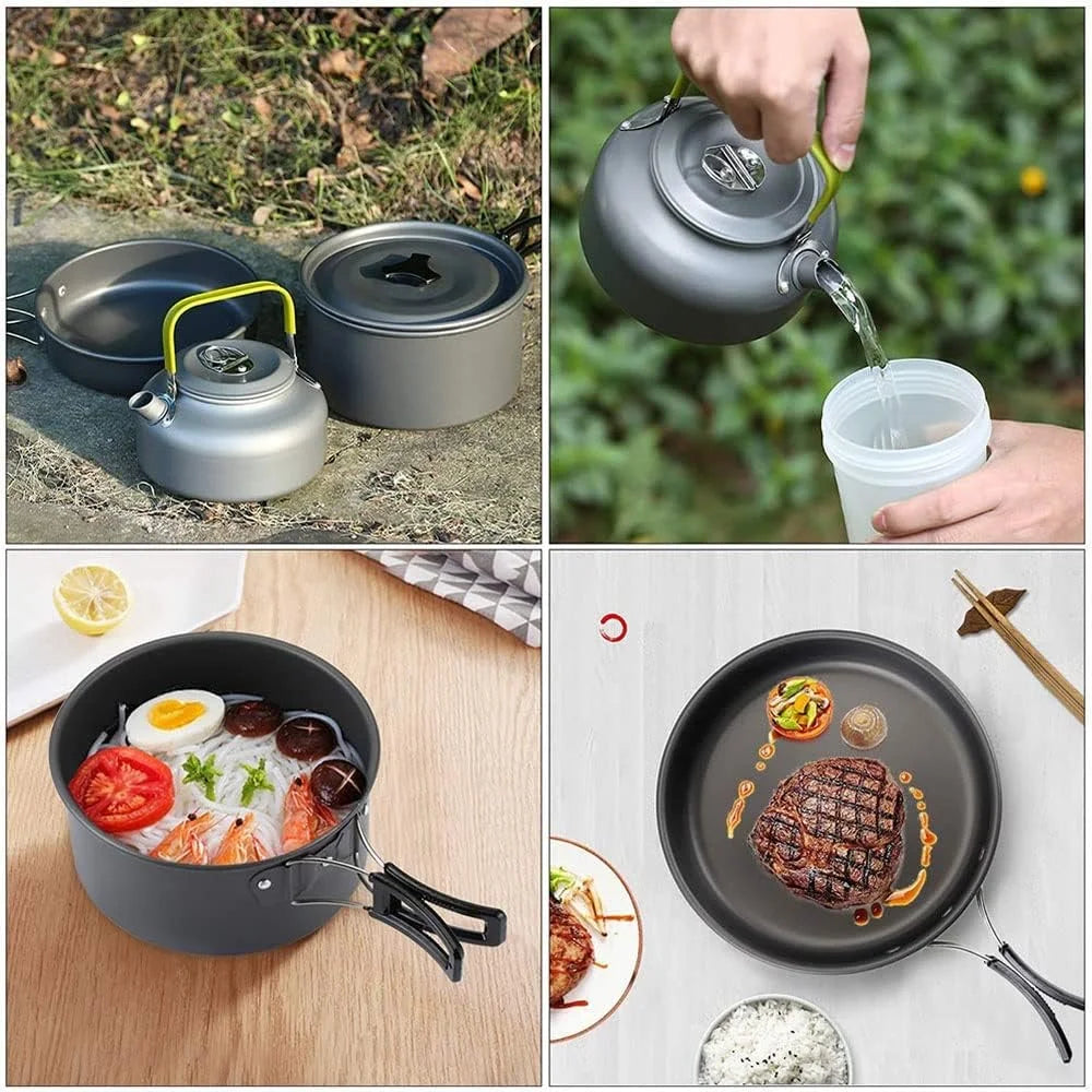 Collage of camping cookware including pots, kettles, and pans with food on a natural and kitchen setting.