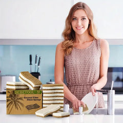 Woman in a kitchen with coconut fiber cleaning sponges and a box labeled 'Debetool'.
