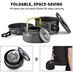 Foldable camping cookware set with text highlighting ease of carrying.