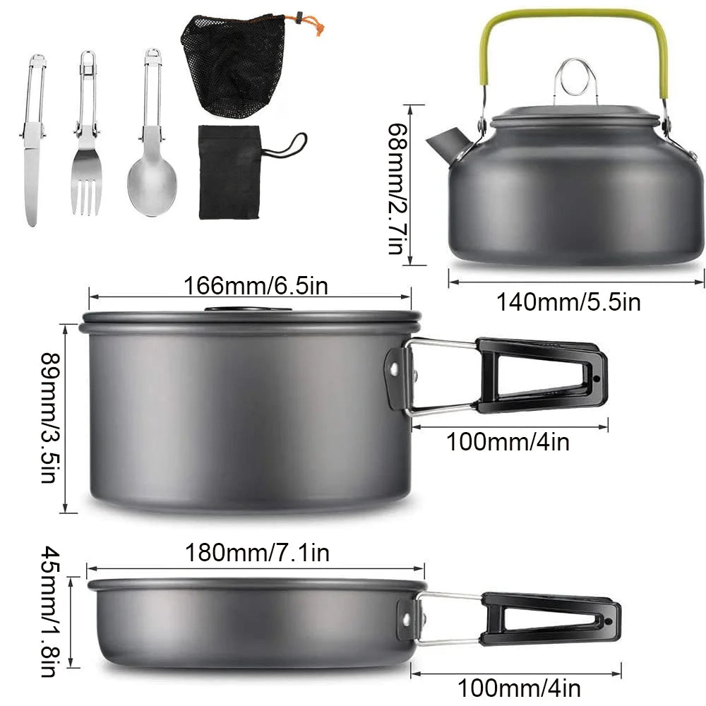 Camping cookware set with dimensions displayed