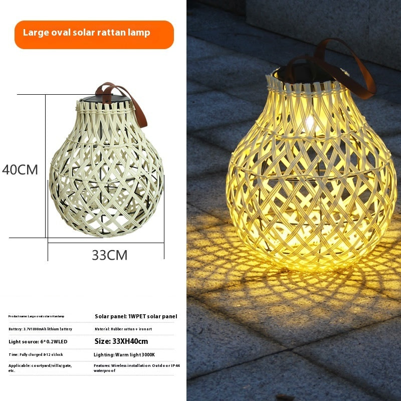 Woven solar lamp with dimensions and light output details