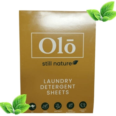 Box of Olo laundry detergent sheets with green leaves on a white background